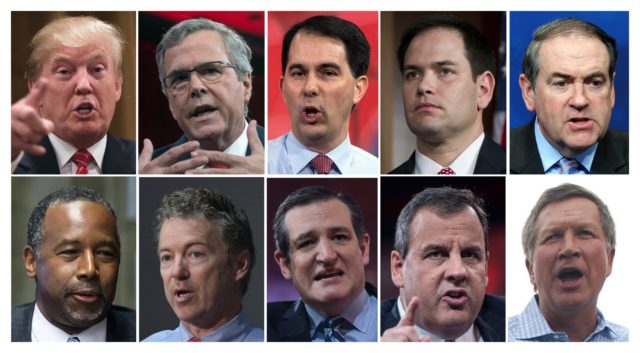 (FILES): These recent file photos show the ten Republican presidential candidates who will appear August 6, 2016 on Fox News for the first US presidential debate of the 2016 Republican primary cycle. Top row from left: Billionaire real-estate tycoon Donald Trump; former Florida governor Jeb Bush; Wisconsin Governor Scott Walker; Florida Senator Marco Rubio; former Arkansas governor Mike Huckabee. Bottom row from left: Retired neurosurgeon Ben Carson; Kentucky Senator Rand Paul; Texas Senator Ted Cruz; New Jersey Governor Chris Christie; and Ohio Governor John Kasich. AFP PHOTO / Files